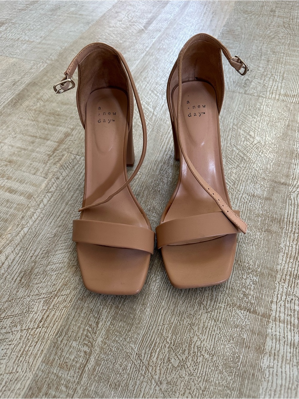 a new day Nude-Tan Square Toe Ankle Strap Block Heels